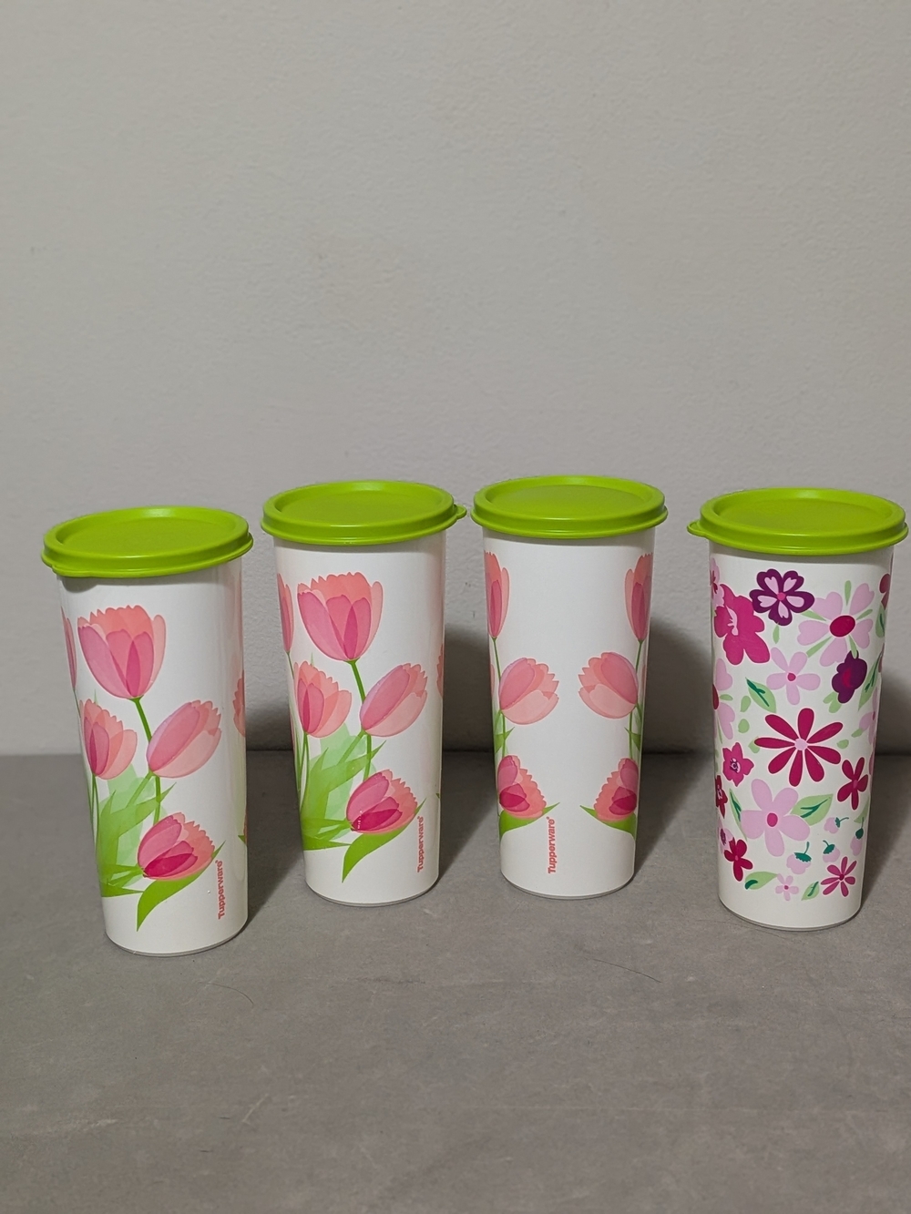 Tupperware Springtime Pink Tulip 16 oz Tumbler Set of 3, 1 Added Floral W/ Lids